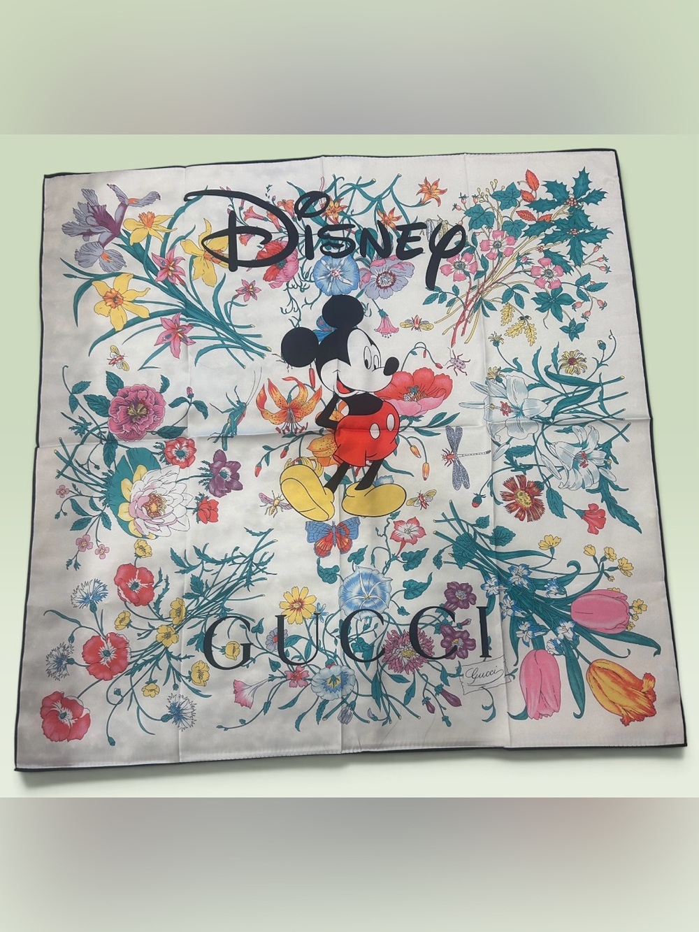 Disney Floral Mickey Silk Scarf in White, Red, Yellow, Teal